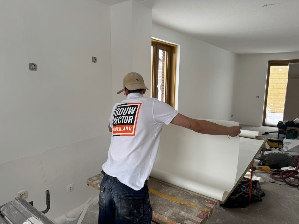 Behanger van Bouwsector Nederland rolt een baan renovlies uit over de plaktafel in een kale nieuwbouwwoonkamer