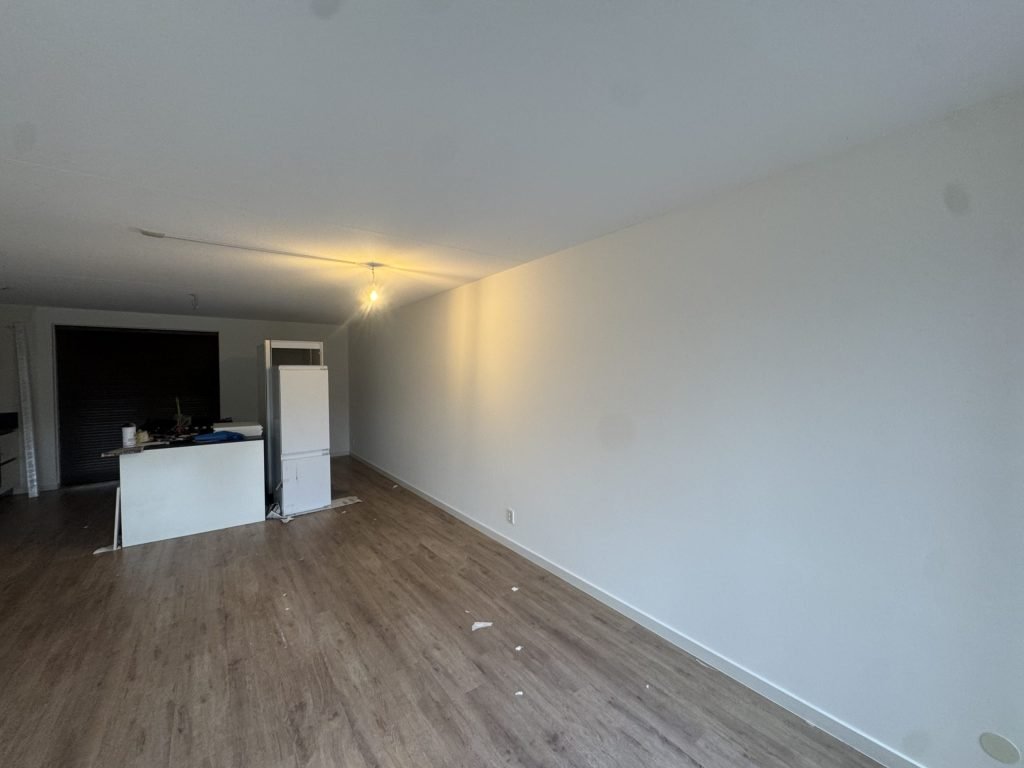 Lange woonkamer met strakke witte wand, laminaatvloer en een keukenblok achterin